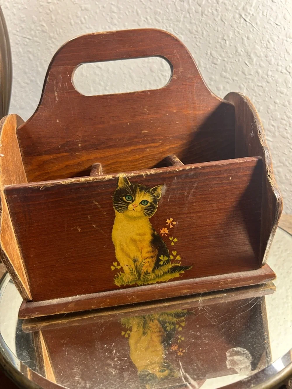 Vintage-Style Brown Wooden Cat Caddy with Yellow Kitten Decals Cute Core
